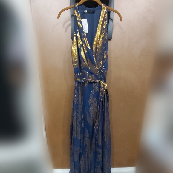 LESLIE FAY Women's Blue With Gold Metallic Maxi Dress Size 10 - Picture 2 of 9